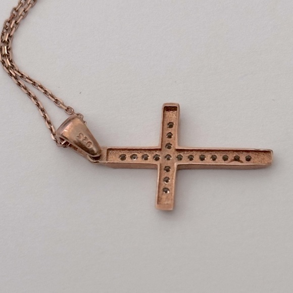 925 Silver cross necklace cz stones 14K rose gold plated - Picture 5 of 6
